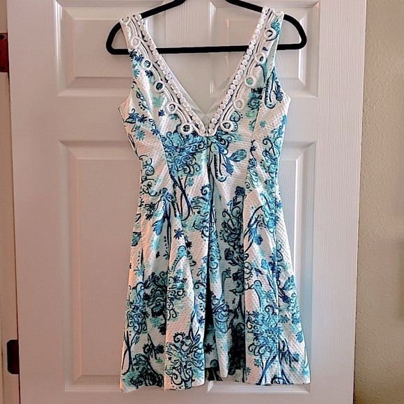 LILLY PULITZER BRYNN DRESS SHIFT SLEEVELESS BLUE WHITE BIRDS LACE SIZE 2 - Picture 4 of 10